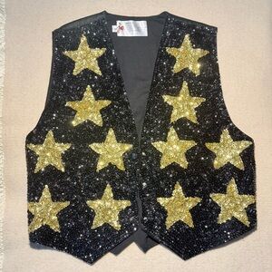 Vintage Black and Gold Sequin Star Vest Stage Glam Rock Country S